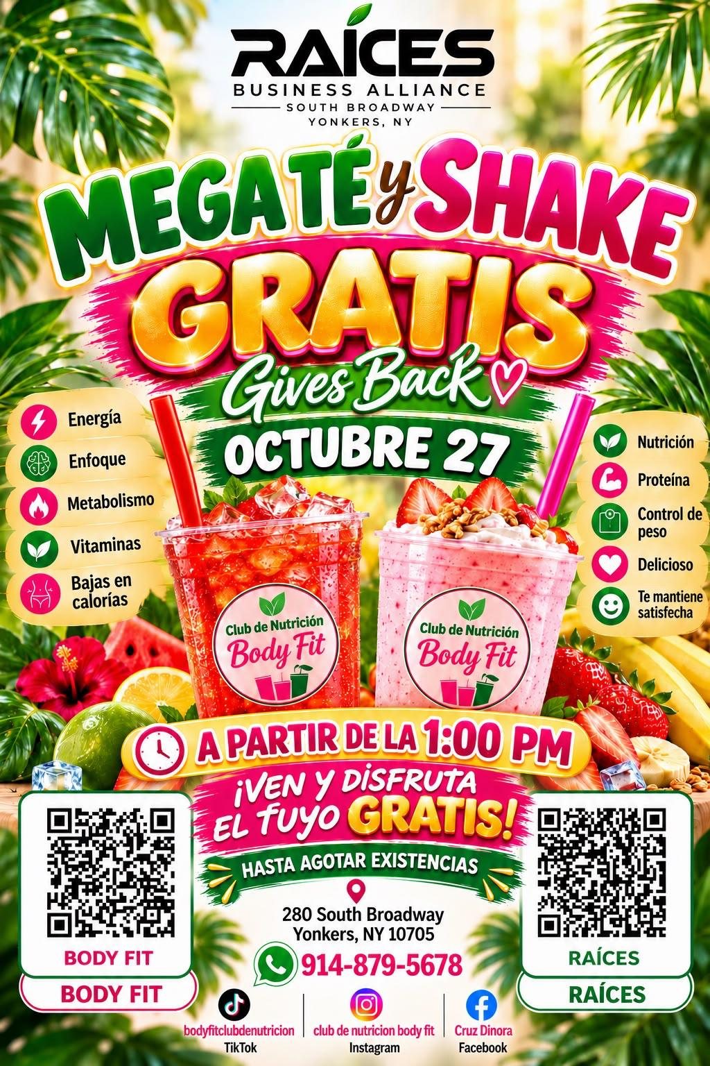 Raices Business Alliance flyer: free mega tea and shake at Club de Nutricion Body Fit, October 27 from 1:00 PM while supplies last, 280 South Broadway, Yonkers. WhatsApp 914-879-5678