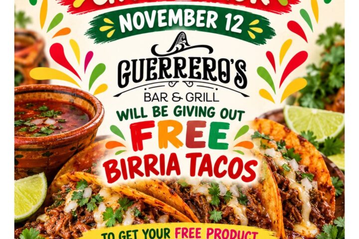 Guerreros Bar and Grill will be giving out free birria tacos on November 12