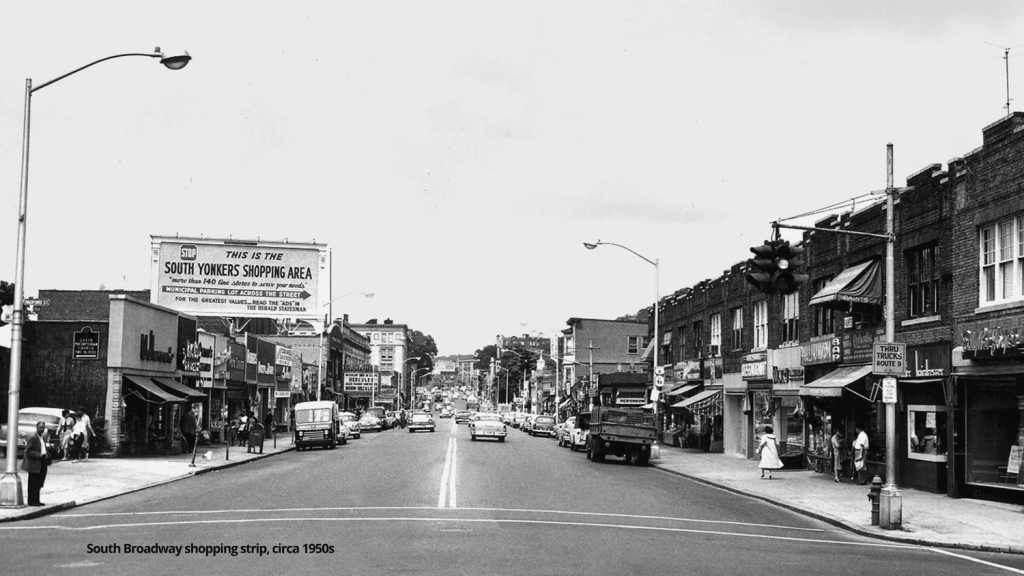 Historic photograph of the South Broadway shopping corridor, circa 1950s