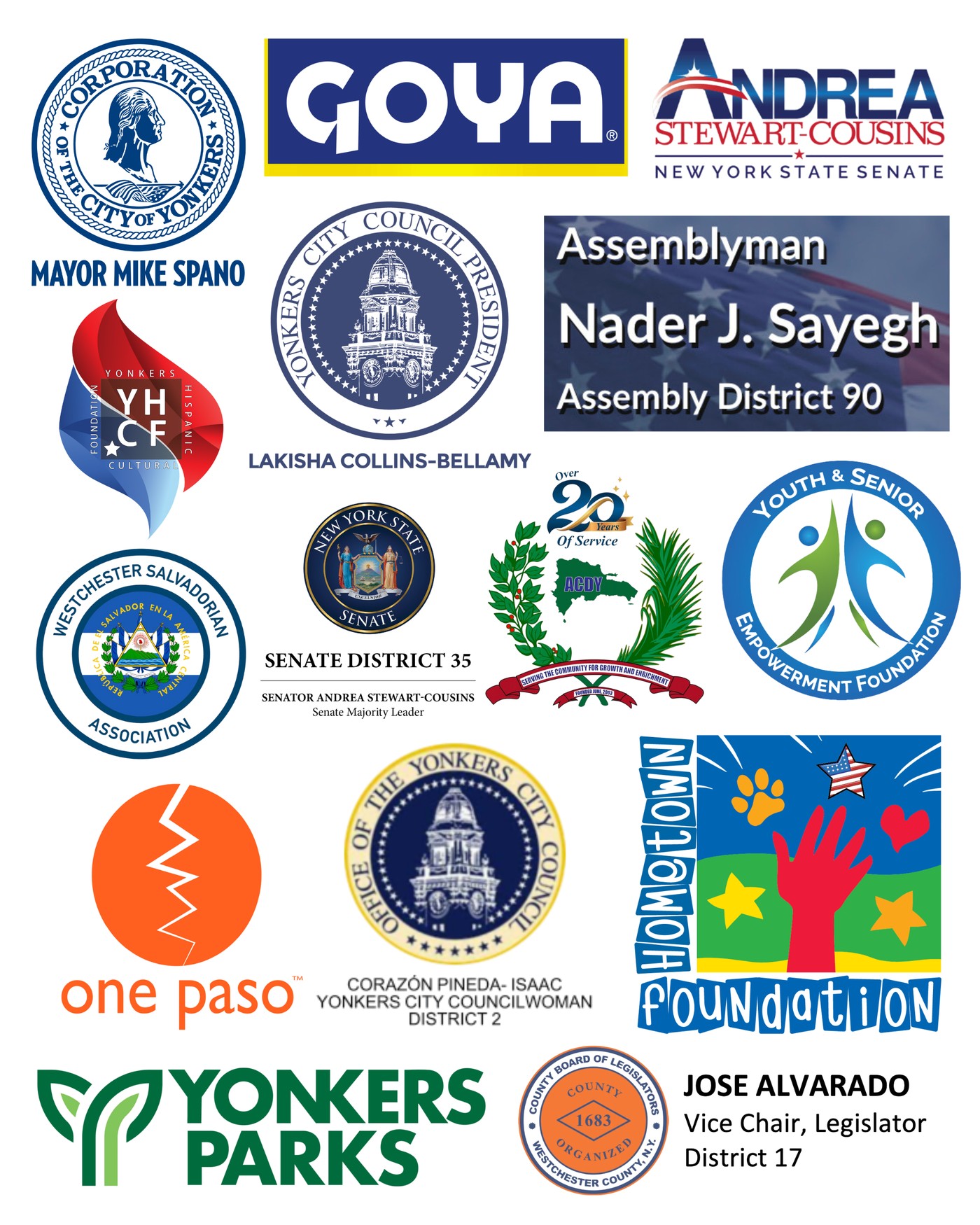 Logos of the South Broadway BID sponsors: City of Yonkers and Mayor Mike Spano, Goya, Senator Andrea Stewart-Cousins, Yonkers Hispanic Cultural Foundation, City Council President Lakisha Collins-Bellamy, Assemblyman Nader J. Sayegh, Westchester Salvadorian Association, New York State Senate District 35, ACDY, Youth and Senior Empowerment Foundation, One Paso, Councilwoman Corazon Pineda-Isaac, Hometown Foundation, Yonkers Parks, and Legislator Jose Alvarado
