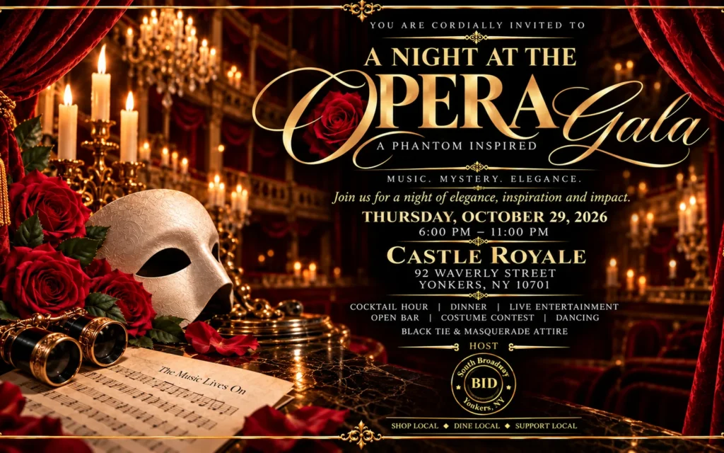 A Night at the Opera gala invitation: a white Phantom mask, red roses and candlelit opera boxes