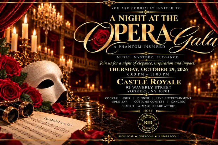 A Night at the Opera gala invitation: a white Phantom mask, red roses and candlelit opera boxes